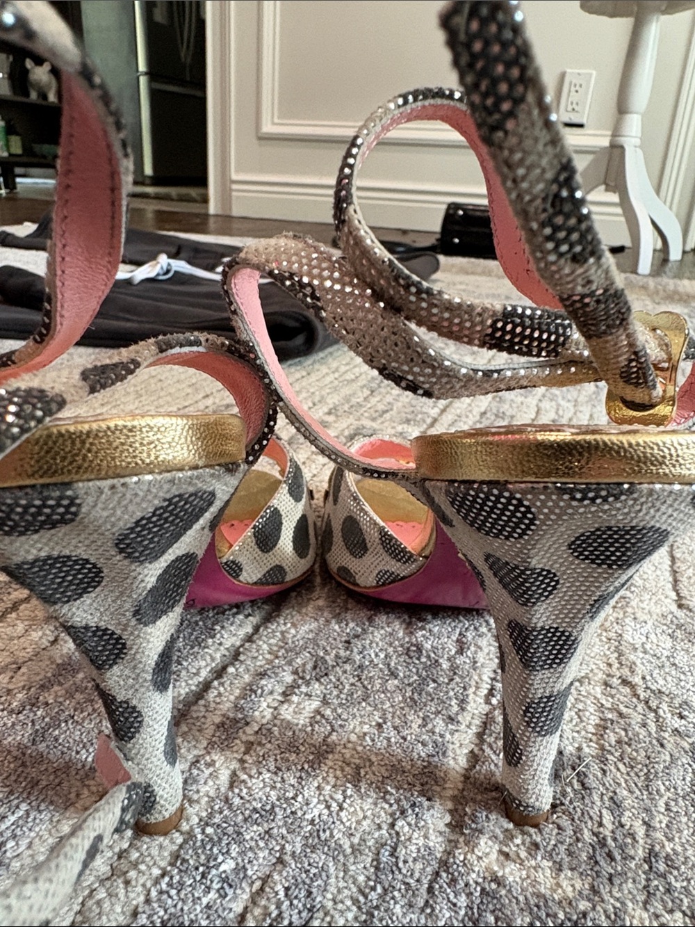 Betsey Johnson Black & Pink Polka Dot Ruffle Ankle-Strap Heels Pin Up girl - Picture 8 of 8